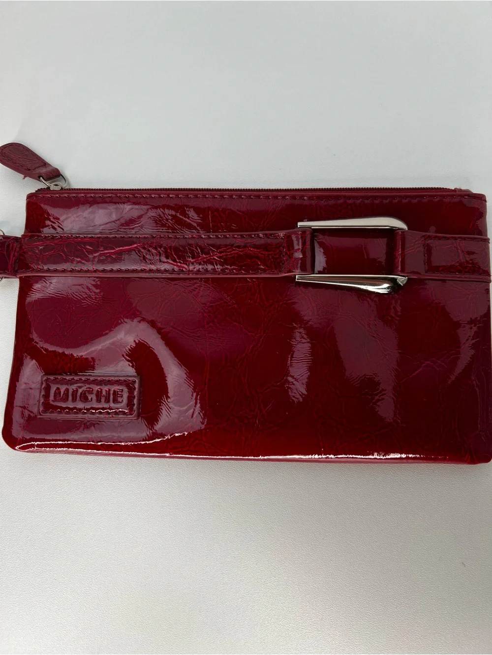 MICHE Red Patent Faux Croc Shell Purse Cover Glossy Belt Accent